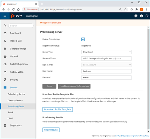 G7500 Web Interface showing Settings for Poly VideoOS-Provisioning Server configuration