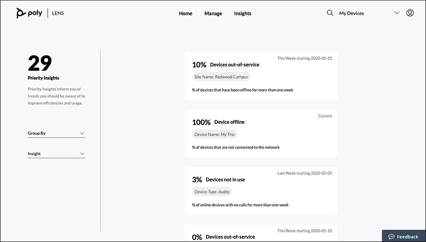 Poly Lens Priority Insight feed page for Trio device