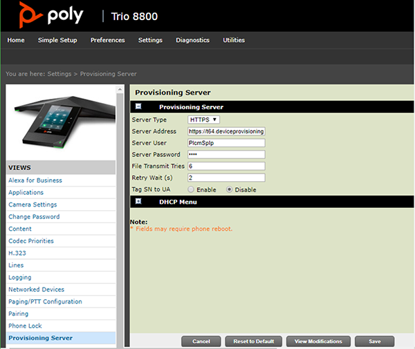 Trio Web Interface showing Settings / Provisioning Server configuration