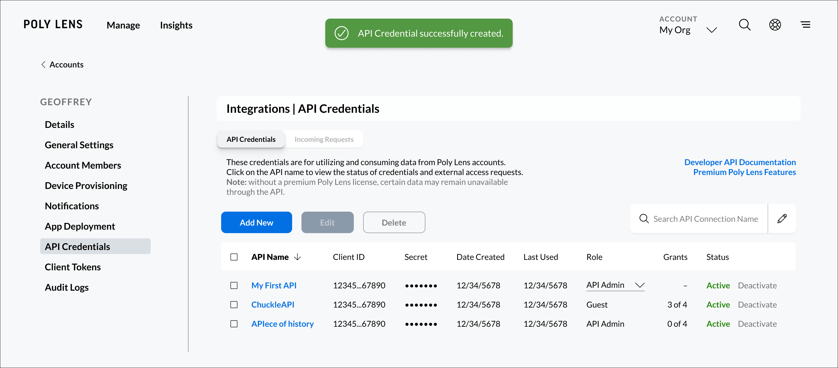 Poly Lens API Credentials example