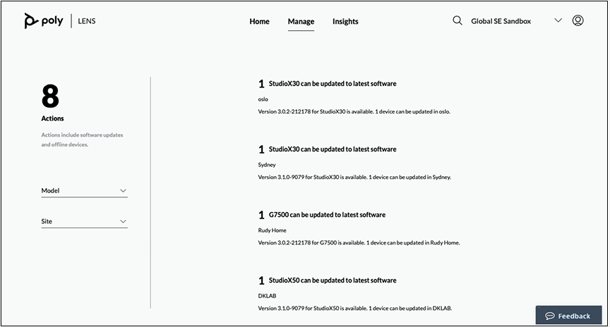 Poly Lens Manage &gt; Actions page