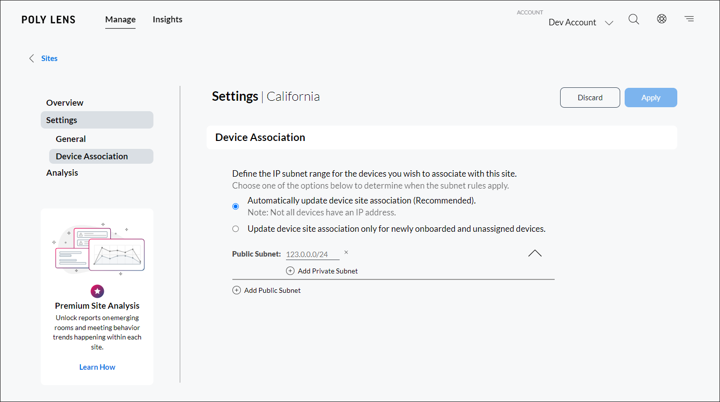 Poly Lens Site Device Association page