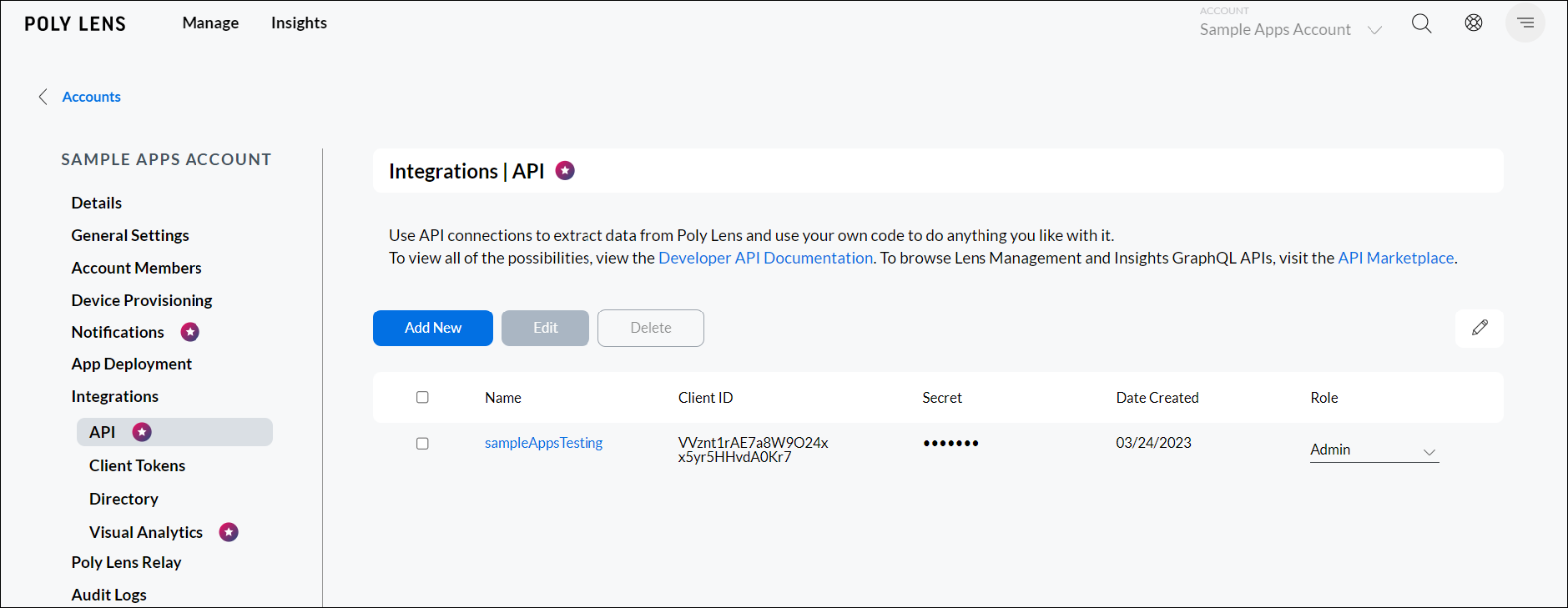 Poly Lens Intergrations API page