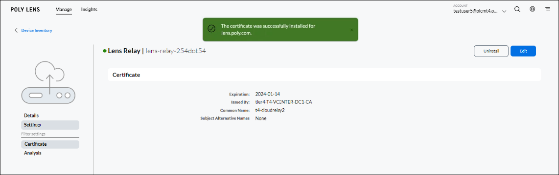 Poly Lens Relay Certificate page with successful message displaying