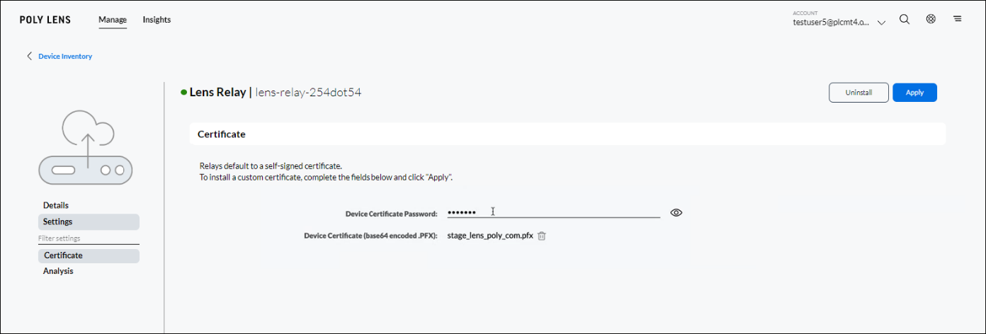 Poly Lens Relay Certificate page password example