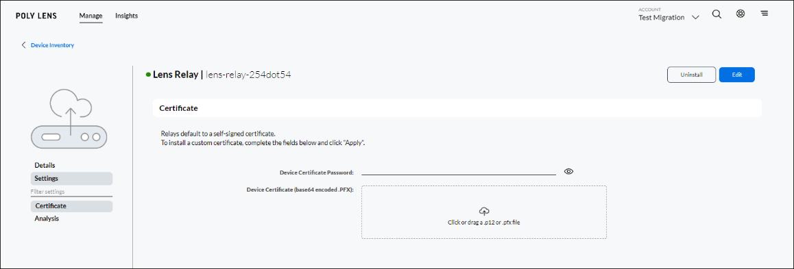 Poly Lens Relay Settings - Certificate page