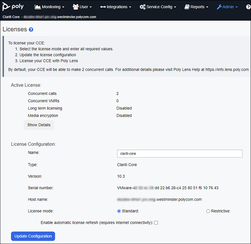 Poly Clariti Core Admin &gt; Services &gt; Licenses page