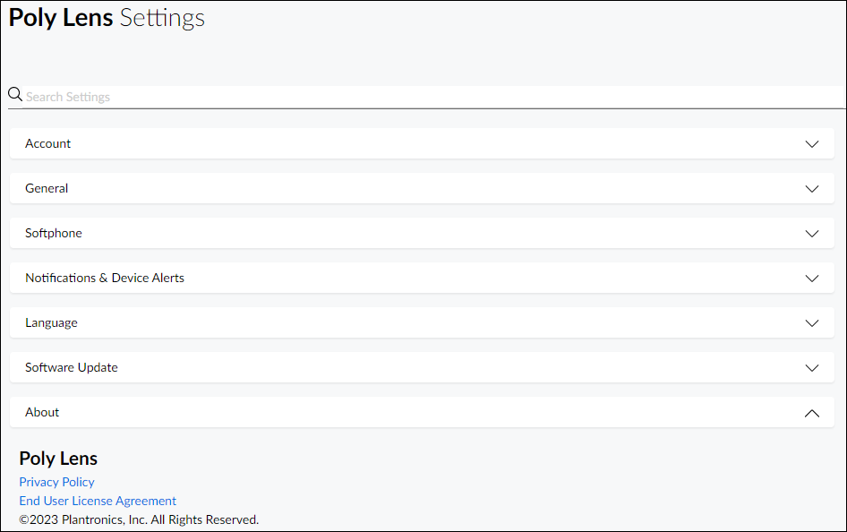 Lens Desktop Settings page displaying the EULA message at bottom