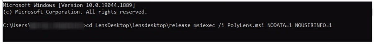 Command prompt displaying the flag to enable or disable Telemetry or User Information being sent to Poly Lens cloud