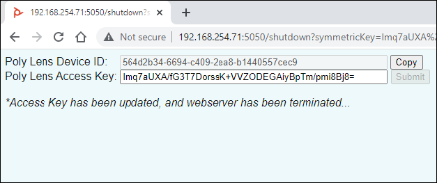 Web interface page displaying the Poly Lens Device ID and Poly Lens Access Key
