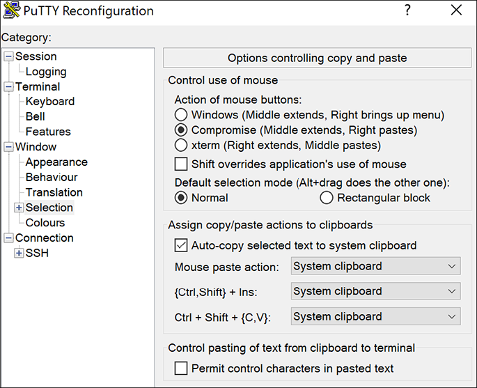 Putty app - Options controlling copy and past configuration