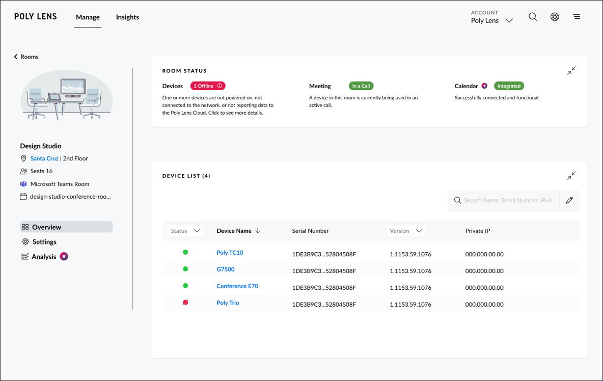 Lens Manage Rooms page with Calendar