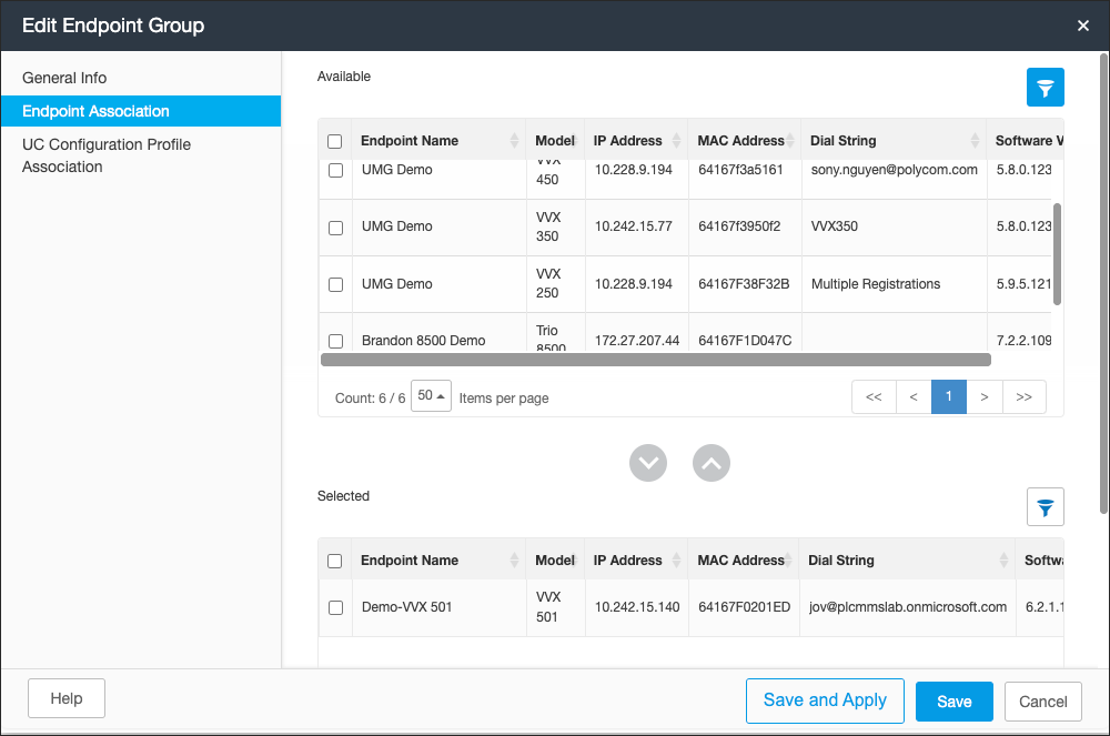 Screenshot of Edit Endpoint Group &gt; Endpoint Association page