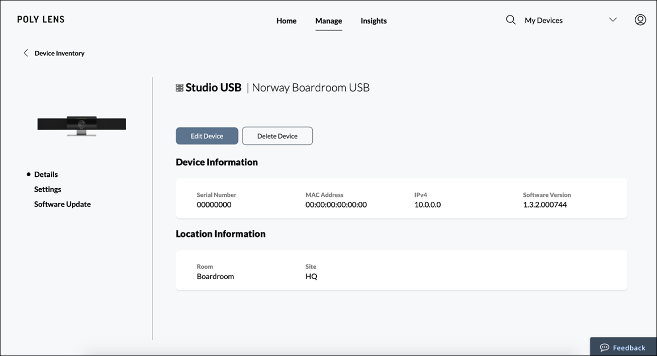 Studio USB Device Details page