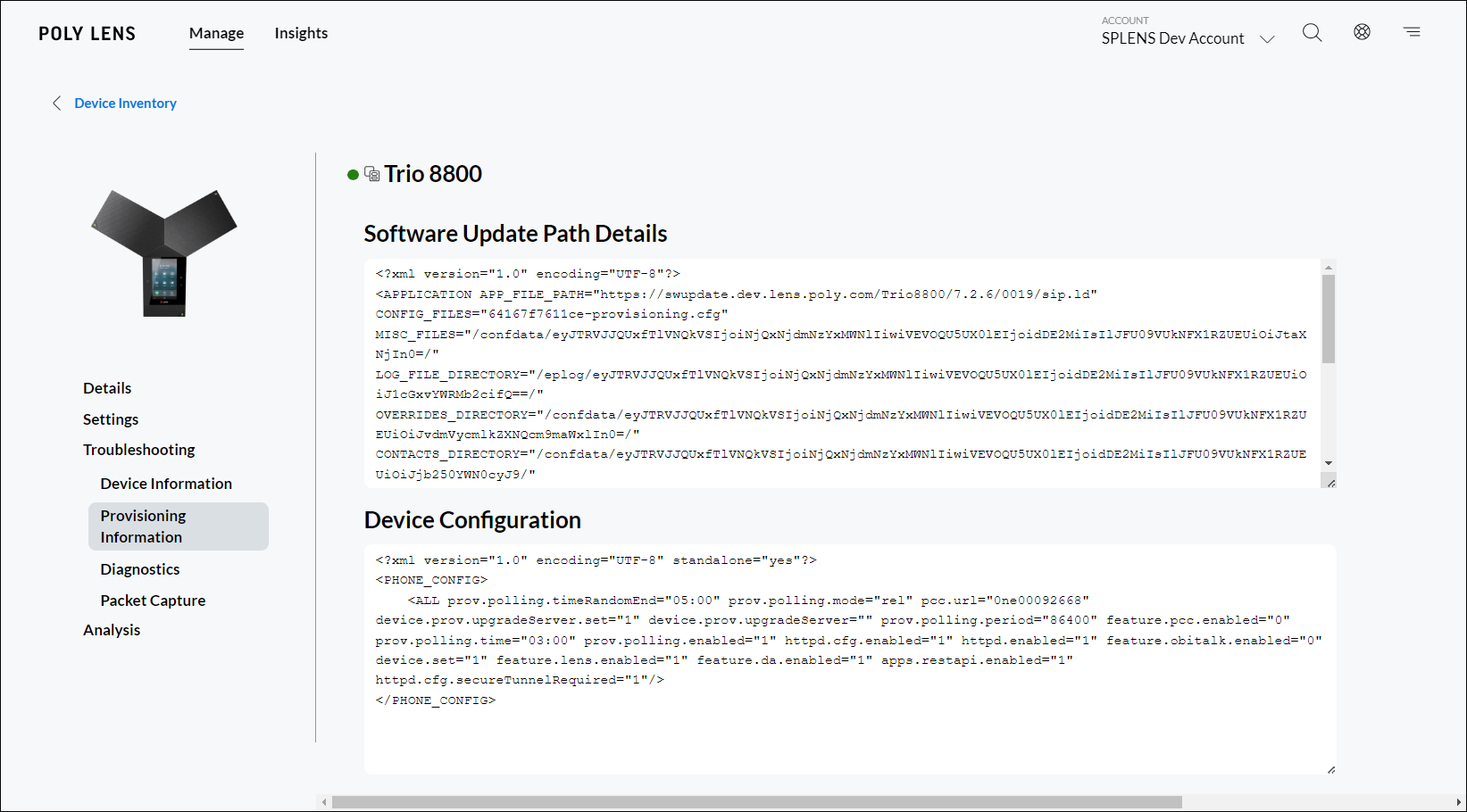 Troubleshooting - Provisioning Information screenshot